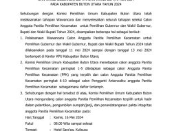 KPU Buton Utara Umumkan Hasil Penetapan Pantia Pemilihan Kecamatan (PPK)
